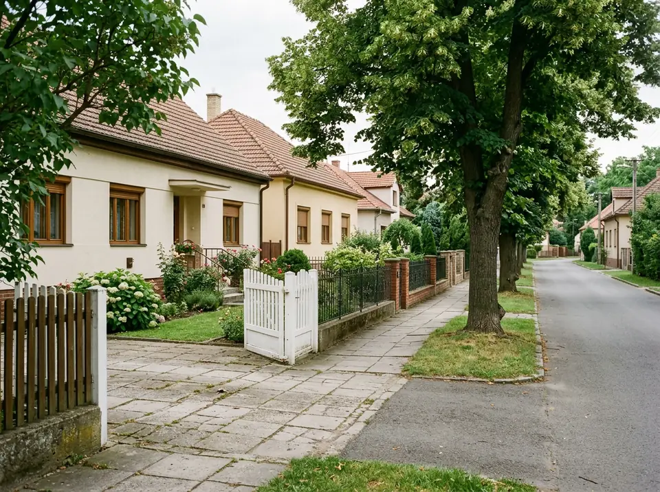 Csendes utca földszintes házakkal, alacsony kerítésekkel és kapukkal.